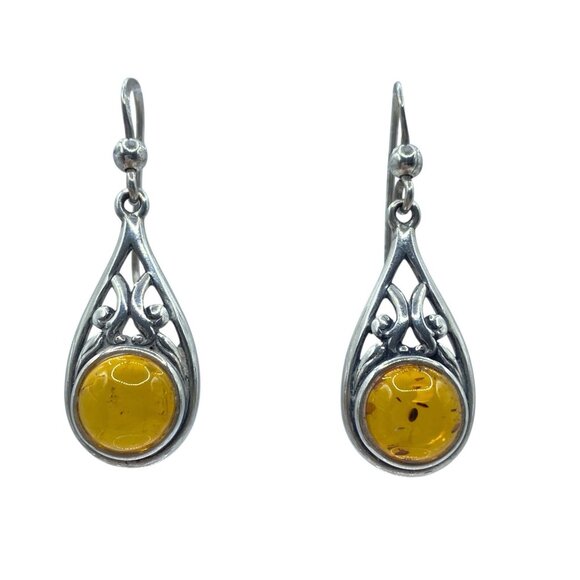 Vintage Valerio V-8 Sterling Silver 925 Amber Drop Dangle Earrings Ornate - Picture 1 of 10